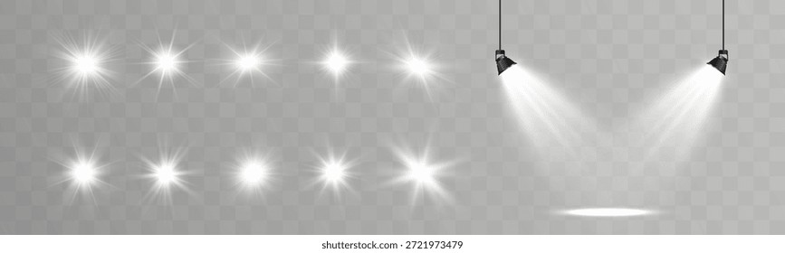 Projetores de palco com vigas de luz branca realistas e neblina no fundo transparente.