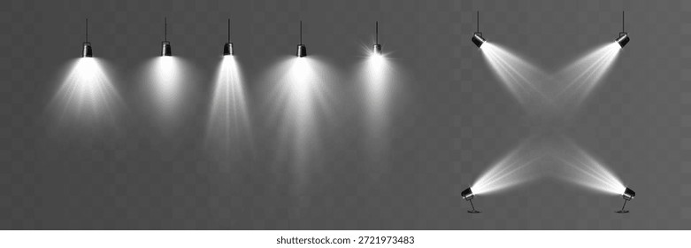 Projetores de palco com vigas de luz branca realistas e neblina no fundo transparente.
