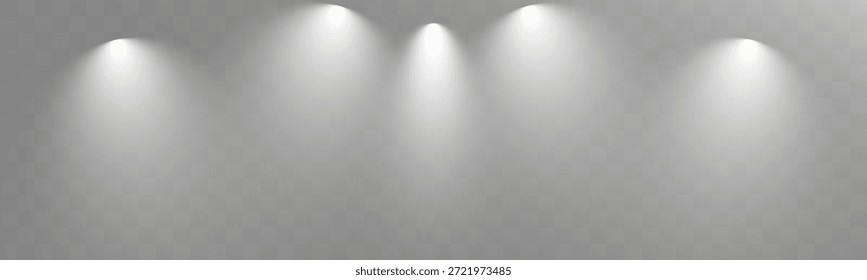 Projetores de palco com vigas de luz branca realistas e neblina no fundo transparente.