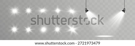 Stage spotlights with realistic white light beams and haze on transparent background.
