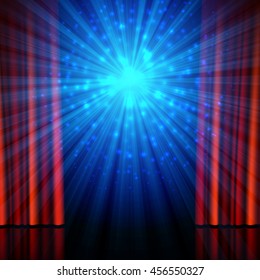 Stage, spotlights and red open curtains. Theatrical, festival, cinema, stand-up comedy or another show poster design background, vector illustration.