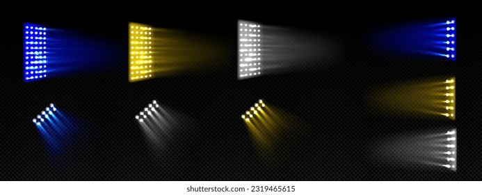 Stage spotlights, stadium lights for show, concert, football and sport events. Bright blue, white and yellow projectors isolated on transparent background, vector realistic illustration