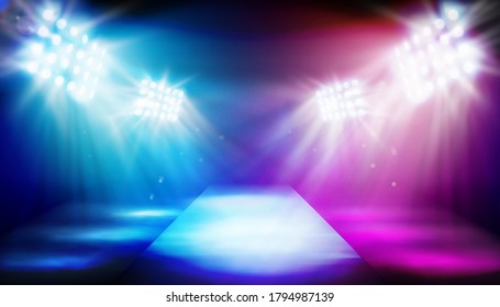 The stage in the stadium illuminated by floodlights. Empty runway before fashion show. Colorful background. Vector illustration.