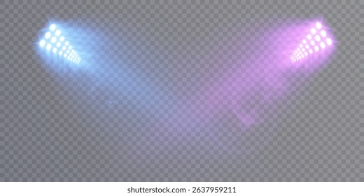 Stage and stadium lighting with bright LED strobe lights. Laser light show. Empty stage before the performance. Spotlights on a transparent background.	
