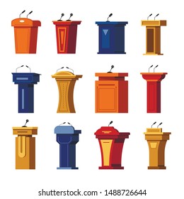 Stage stand or debate podium, rostrum with microphones isolated objects vector. Business presentation or conference speech tribune. Speaker or politician performance equipment, wooden table with mic