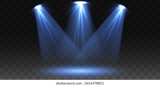 Iluminação de palco e estúdio. Projetores azuis e amarelos, vigas brilhantes. Conjunto de efeitos de luz brilhante.