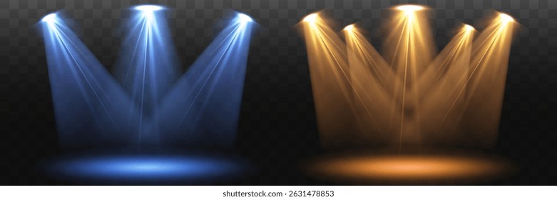 Stage and studio lighting. Blue and yellow spotlights, bright projector beams. Set of glowing light effects.