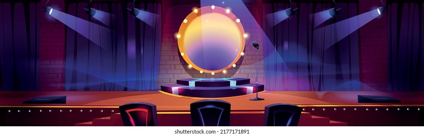 Stage for talent show with round podium, spotlights, mic and jury chairs. Vector cartoon illustration of empty scene in television studio for events, concerts, music or comedy contest