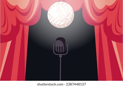 Stage theater red scene with microphone curtain concept. Vector flat graphic design illustration