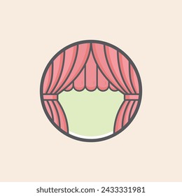 Stage or theatre outline filled icon inside a green circle with red curtains and pleats lines