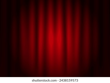 Stage theatrical drapes. Closed velvet curtain for circus, theatre, scene and club. Red drapery, textile. Vector background with spot light in theater or cinema