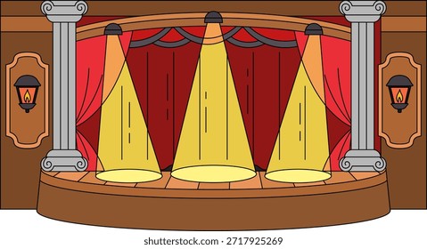 Un escenario con tres Spotlight y cortinas rojas