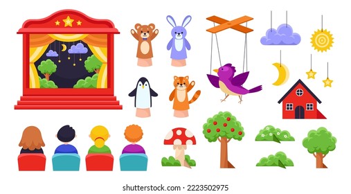 Stage, toys and kids for puppet theater vector illustrations set. Cartoon drawings of children characters, theatre marionette on strings, glove puppets. Childhood, entertainment, fairytale concept