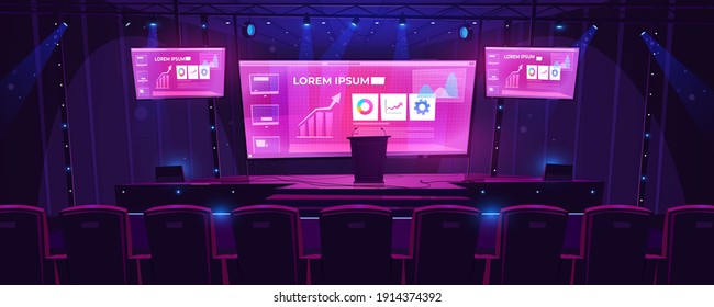 Stage with tribune, screens on background and spotlights. Vector cartoon illustration of empty scene for presentation, conference and public event with pulpit and seats for audience