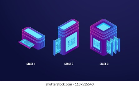 Stage upgrading or tariff plan, server room web hosting, technology progress steps, database and data center ultraviolet neon dark isometric vector illustration