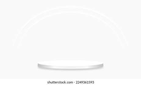 Stage white podium with white neon light curve. 3d rendering pedestal on white background. Product display podium vector illustration.