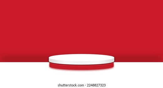 Stage white red podium. 3d rendering pedestal on red background. Product display podium vector illustration.