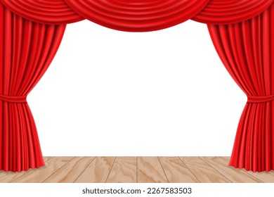 Stage with wooden floor and red curtains for theater or opera scene backdrop, concert grand opening or cinema premiere. Portiere drapes for ceremony performance. Realistic 3d vector design template