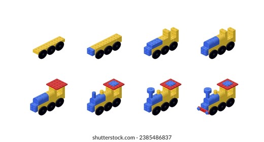 Stage-by-stage construction of a steam locomotive. Vector