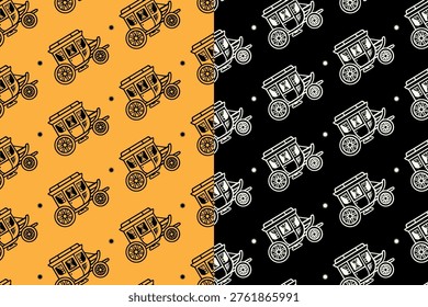 Stagecoach with light retro seamless pattern on yellow black background set for merchandise. Horse carriage with star vintage pattern background. Western wagon coach hand drawn repeat motif wallpaper
