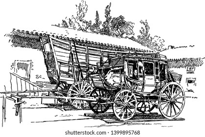 Stagecoach And Prairie Schooner Which Is A Modes Of Travel In The West And An Old Stage Coach And Prairie Schooner, Vintage Line Drawing Or Engraving Illustration.