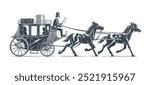 Stagecoach wagon or diligence with horses. Wild West style traditional horse-drawn carriage with the coach and passengers. Vector illustration.