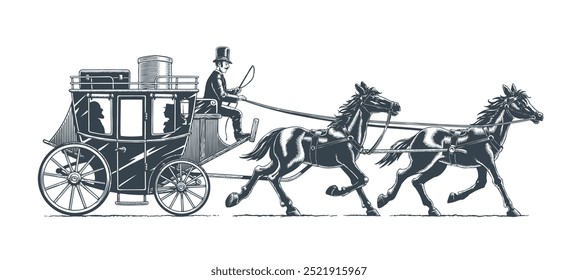 Stagecoach wagon or diligence with horses. Wild West style traditional horse-drawn carriage with the coach and passengers. Vector illustration.