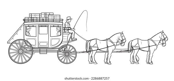 Stagecoach Wagen mit vier Pferden - Vektorgrafik.