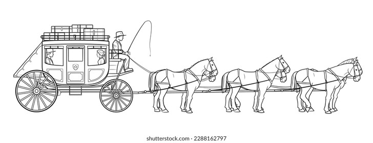 Vagón de Stagecoach con seis caballos - ilustración de material vectorial.