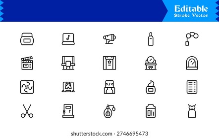 Stagecraft And Production line icon set – Professional, minimal, and modern collection of pixel-perfect illustrations for theater, events, lighting, and backstage themes