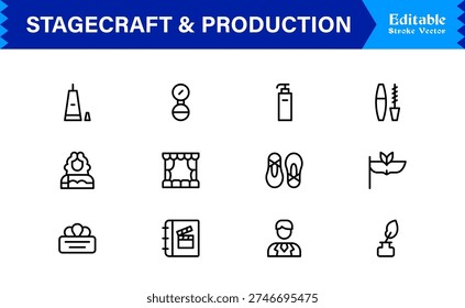Stagecraft And Production line icon set – Professional, minimal, and modern collection of pixel-perfect illustrations for theater, events, lighting, and backstage themes
