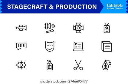 Stagecraft And Production line icon set – Professional, minimal, and modern collection of pixel-perfect illustrations for theater, events, lighting, and backstage themes