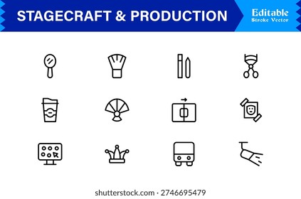 Stagecraft And Production line icon set – Professional, minimal, and modern collection of pixel-perfect illustrations for theater, events, lighting, and backstage themes