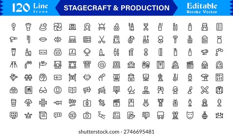 Stagecraft And Production line icon set – Professional, minimal, and modern collection of pixel-perfect illustrations for theater, events, lighting, and backstage themes