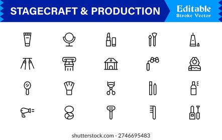 Stagecraft And Production line icon set – Professional, minimal, and modern collection of pixel-perfect illustrations for theater, events, lighting, and backstage themes