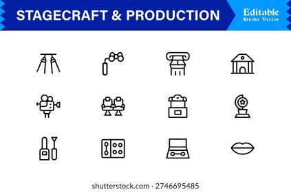 Stagecraft And Production line icon set – Professional, minimal, and modern collection of pixel-perfect illustrations for theater, events, lighting, and backstage themes