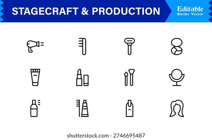 Stagecraft And Production line icon set – Professional, minimal, and modern collection of pixel-perfect illustrations for theater, events, lighting, and backstage themes