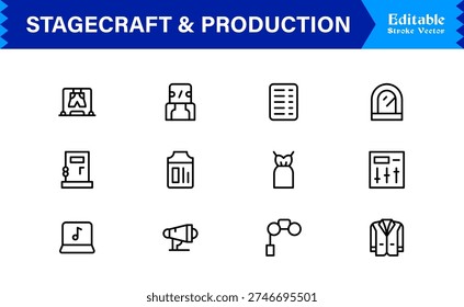 Stagecraft And Production line icon set – Professional, minimal, and modern collection of pixel-perfect illustrations for theater, events, lighting, and backstage themes
