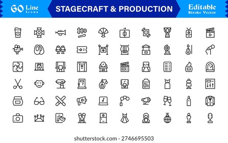 Stagecraft And Production line icon set – Professional, minimal, and modern collection of pixel-perfect illustrations for theater, events, lighting, and backstage themes