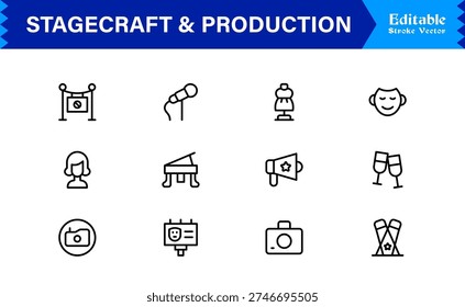 Stagecraft And Production line icon set – Professional, minimal, and modern collection of pixel-perfect illustrations for theater, events, lighting, and backstage themes