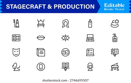 Stagecraft And Production line icon set – Professional, minimal, and modern collection of pixel-perfect illustrations for theater, events, lighting, and backstage themes