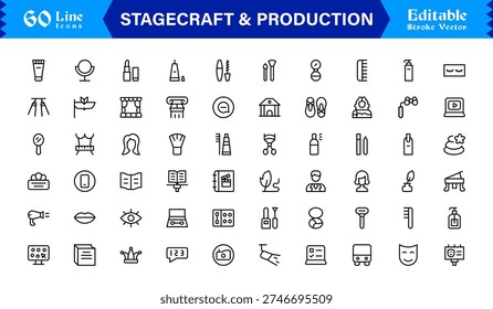 Stagecraft And Production line icon set – Professional, minimal, and modern collection of pixel-perfect illustrations for theater, events, lighting, and backstage themes