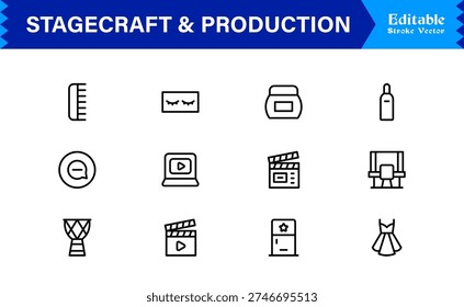 Stagecraft And Production line icon set – Professional, minimal, and modern collection of pixel-perfect illustrations for theater, events, lighting, and backstage themes