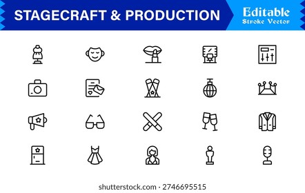 Stagecraft And Production line icon set – Professional, minimal, and modern collection of pixel-perfect illustrations for theater, events, lighting, and backstage themes