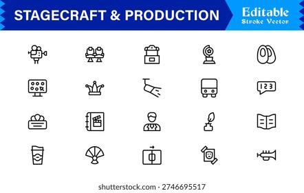 Stagecraft And Production line icon set – Professional, minimal, and modern collection of pixel-perfect illustrations for theater, events, lighting, and backstage themes