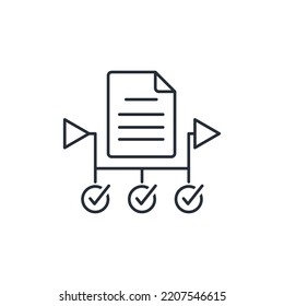 Staged data processing.  Research   process, evaluation. Document preparation, verification.  Vector linear icon isolated on white background.