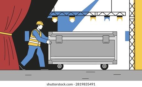 Stagehand in high visibility vest and hard hat pushing a large flight case backstage near red curtains.