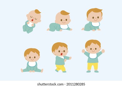 Stages Of A Baby. Process Stage. Children Change, Set Child. Variation Action. Boy Growing, Flat Age, Up Person. Vector Illustration.