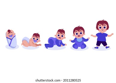 Stages of a baby. Process stage. Children change, set child. Variation action. Boy growing, flat age, up person. Vector illustration.