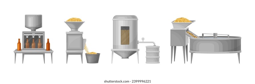 Stages of Beer Production with Brewing and Bottling Vector Set